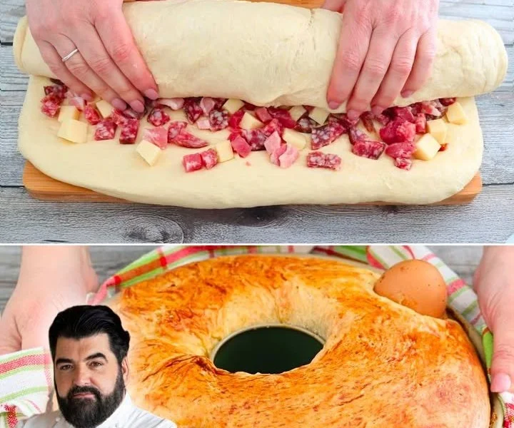 Fettina di Casatiello perfetto appena sfornato con ingredienti freschi.