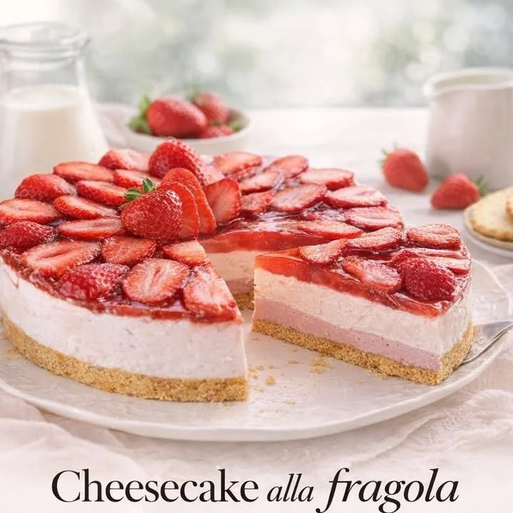 Cheesecake alla fragola con decorazioni di fragole fresche e crema