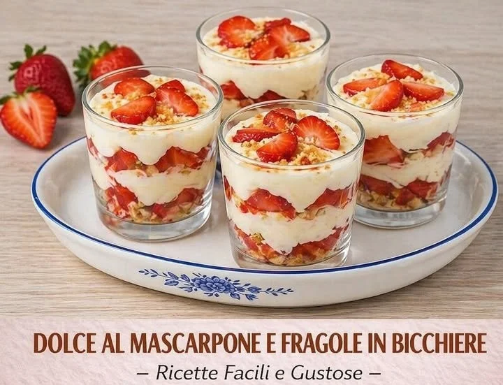Crema morbida al mascarpone e fragole in bicchiere, un dolce elegante e fresco.