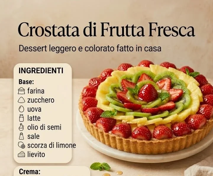 Crostata alla frutta fresca con ingredienti colorati e freschi.