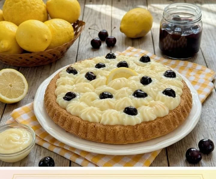 Crostata morbida al limone con crema e amarene su un piatto decorato