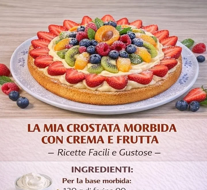 Crostata morbida con crema e frutta colorata su un piatto elegante