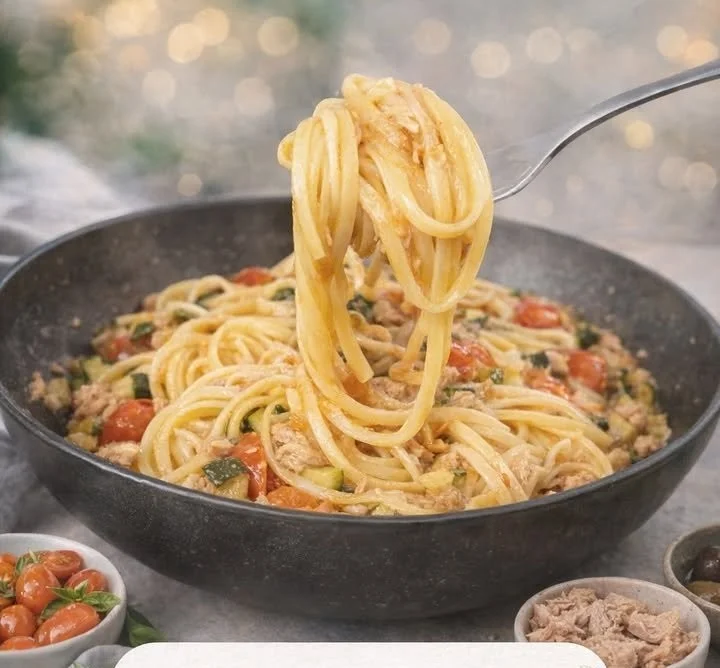 Piatto di Linguine con Tonno, Zucchine e Pomodorini servito con basilico fresco.