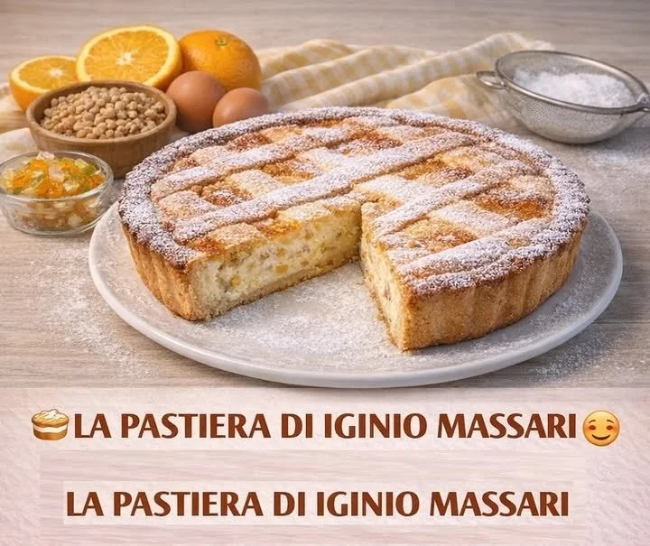 Fetta di Pastiera napoletana decorata con agrumi e fiori d'arancio.