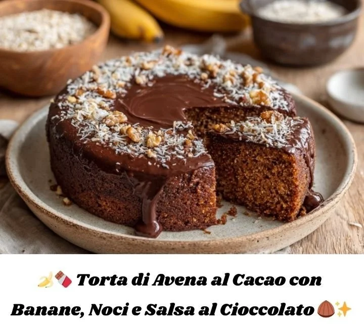 Torta di Avena al Cacao con Banane, Noci e Salsa al Cioccolato