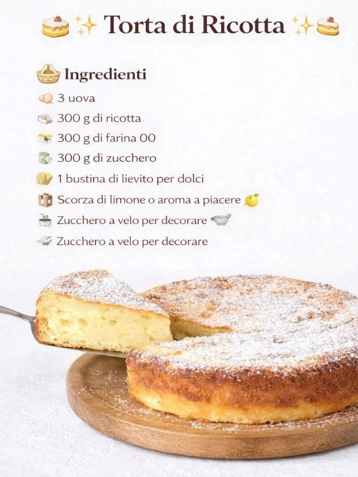 Torta Di Ricotta appena sfornata con decorazione al cioccolato.