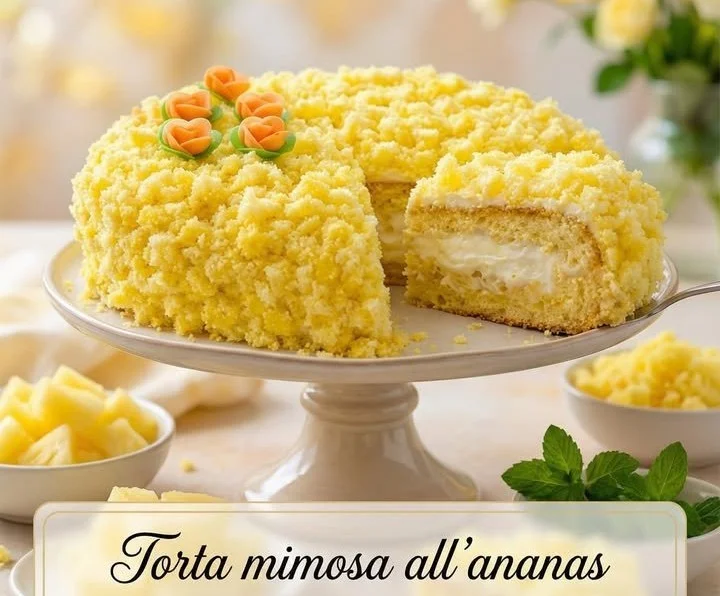 Torta Mimosa all'Ananas, un dolce fresco con strati di ananas e crema.