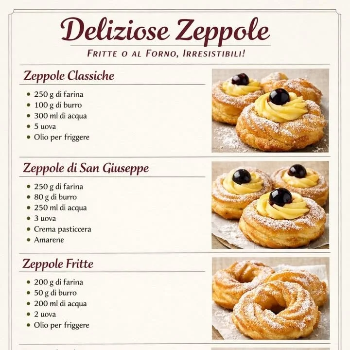Deliziose zeppole appena sfornate con crema e zucchero a velo.