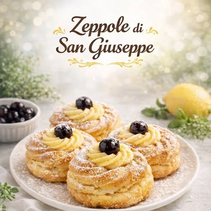 Zeppole di San Giuseppe decorate con crema e amarene