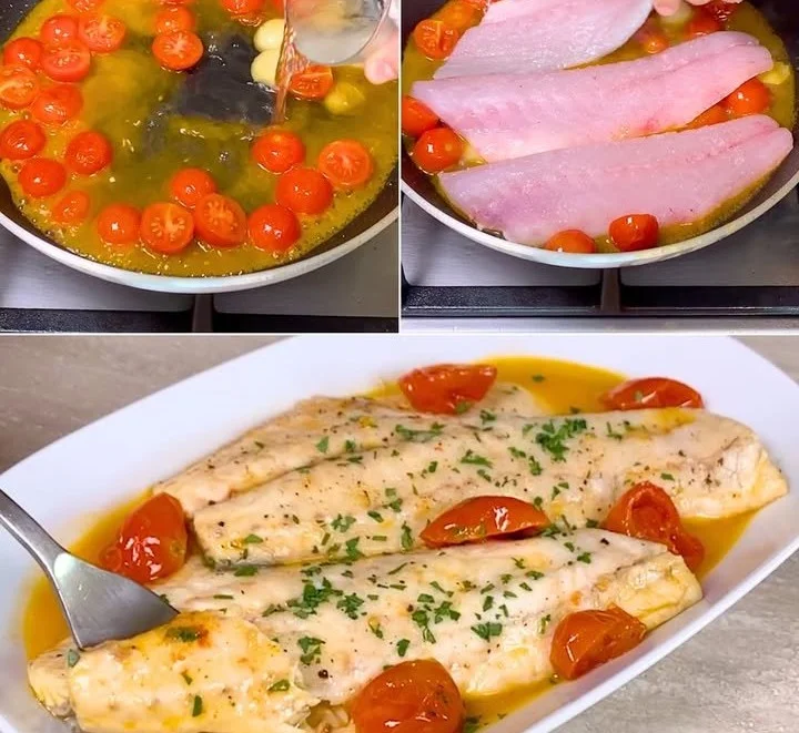 Branzino all'Acqua Pazza servito con pomodori e prezzemolo
