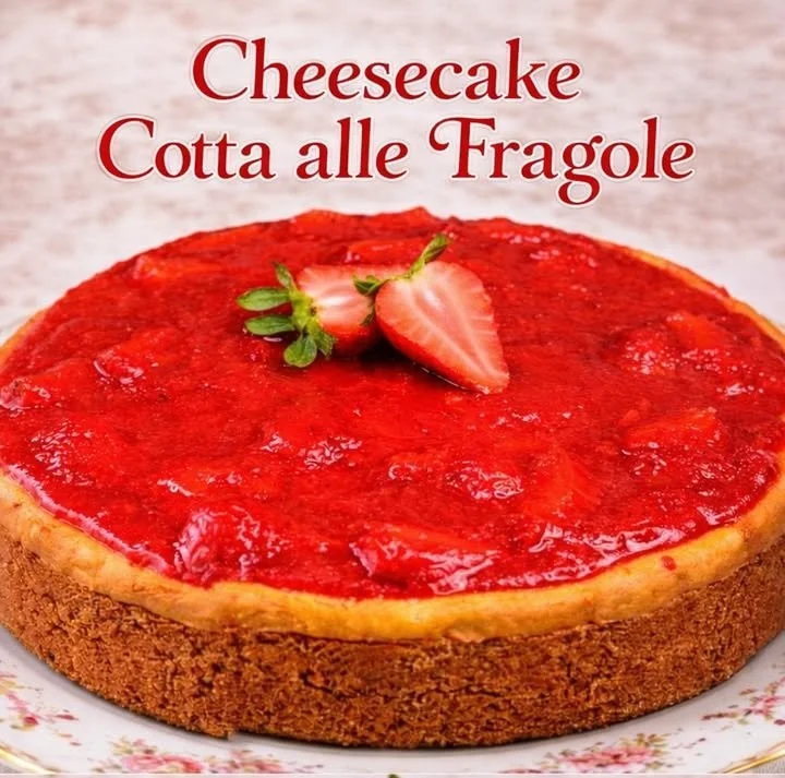 Cheesecake cotta alle fragole decorata con frutta fresca e crema