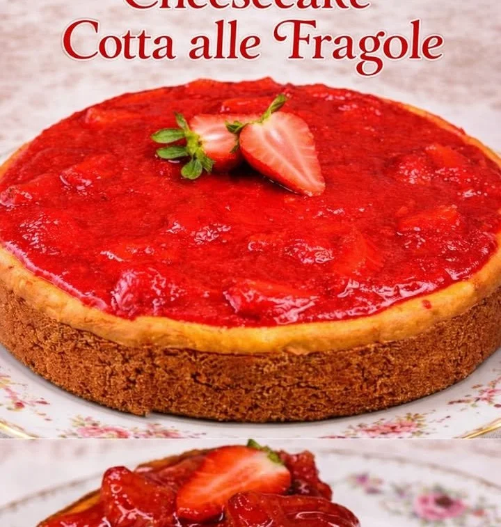 Cheesecake cotta alle fragole decorata con frutta fresca