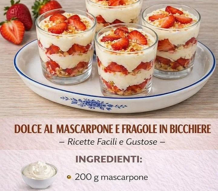 Crema morbida al mascarpone e fragole servita in bicchiere decorato