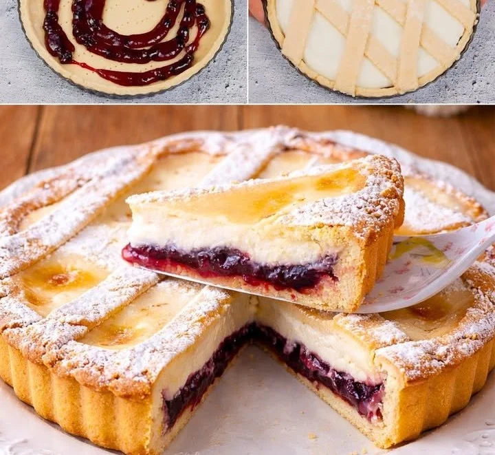 Crostata Crema al Latte e Marmellata servita su un tavolo con decorazioni