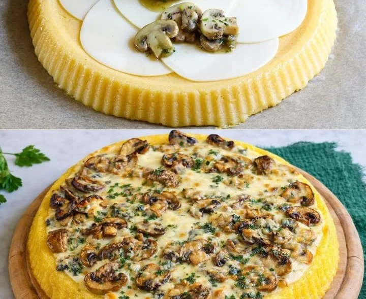 Crostata di Polenta con Funghi e Formaggio servita su un piatto