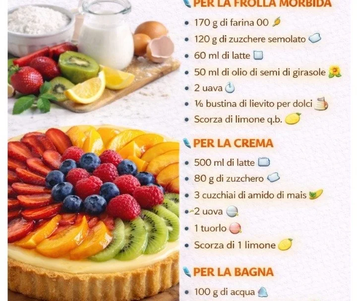 Crostata morbida alla frutta con crema e decorazioni fresche.