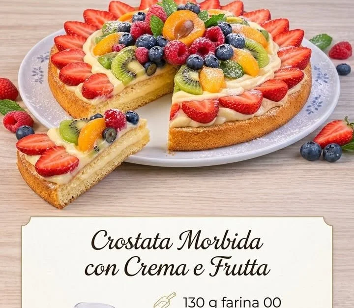 Crostata morbida con crema e frutta su un piatto elegante