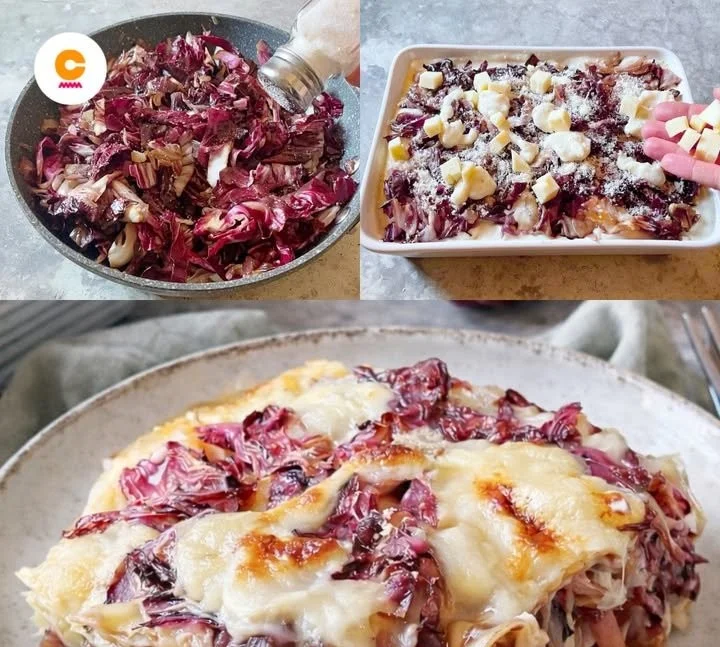 Lasagne al radicchio pronte per essere servite in un piatto elegante.