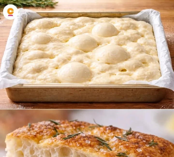Focaccia appena sfornata con ingredienti freschi e dorati
