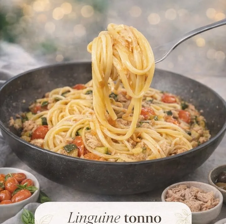 Piatto di linguine con tonno, zucchine e pomodorini, un classico della cucina italiana.