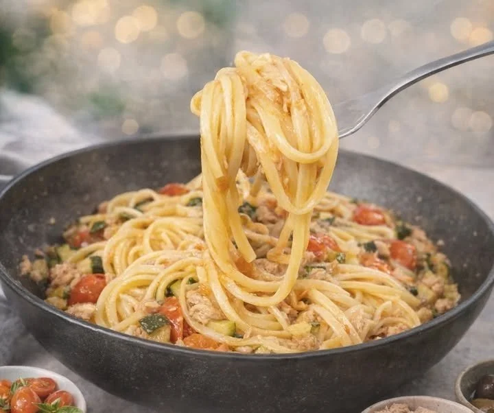 Linguine con tonno, zucchini e pomodorini freschi