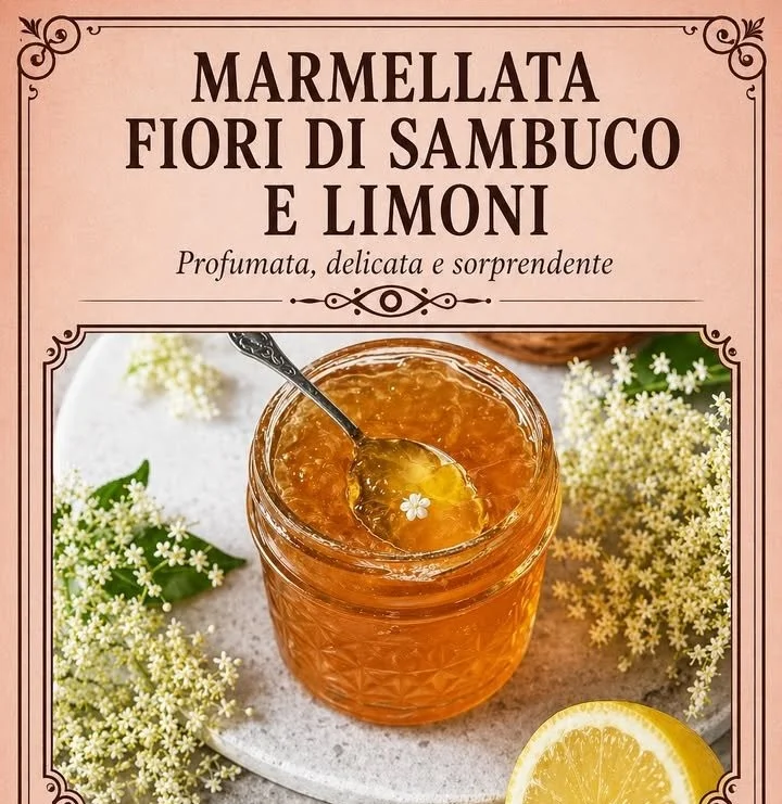 Marmellata ai fiori di sambuco in un barattolo con fiori freschi sullo sfondo