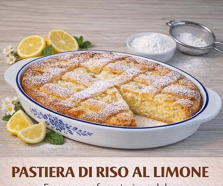 Fetta di pastiera di riso al limone con decorazioni di agrumi