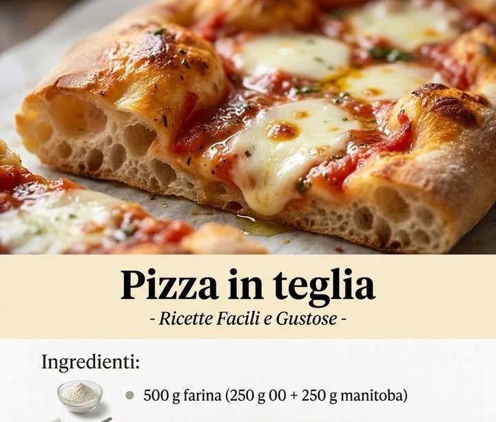 Pizza in teglia appena sfornata, croccante e invitante.