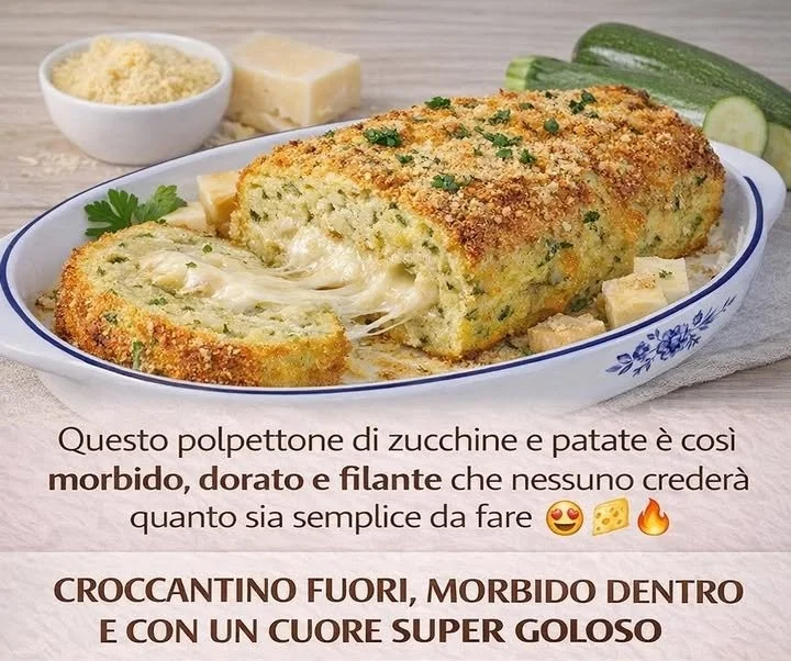 Polpettone di zucchine e patate con cuore filante in un piatto