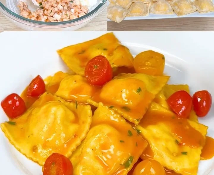 Ravioli di Pesce freschi serviti con salsa di pomodoro e basilico