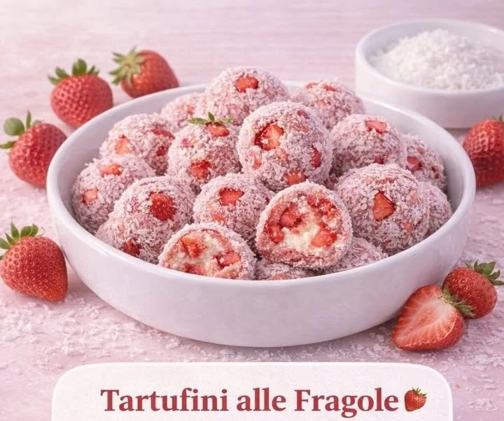 Tartufini alle Fragole pronti da gustare, dolci deliziosi e freschi.