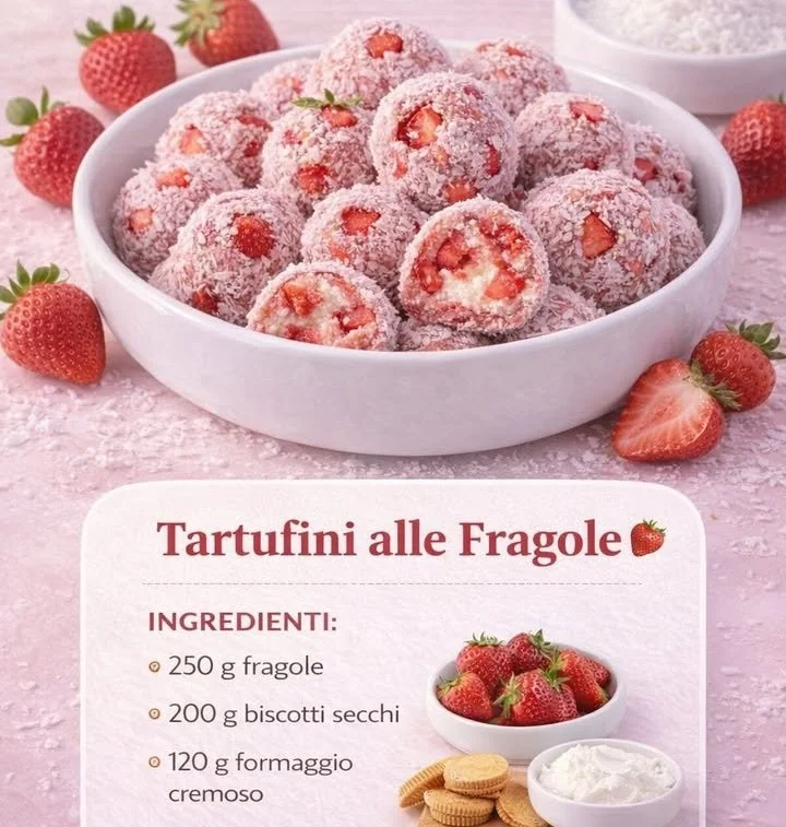 Tartufini alle Fragole decorati con cioccolato e fragole fresche