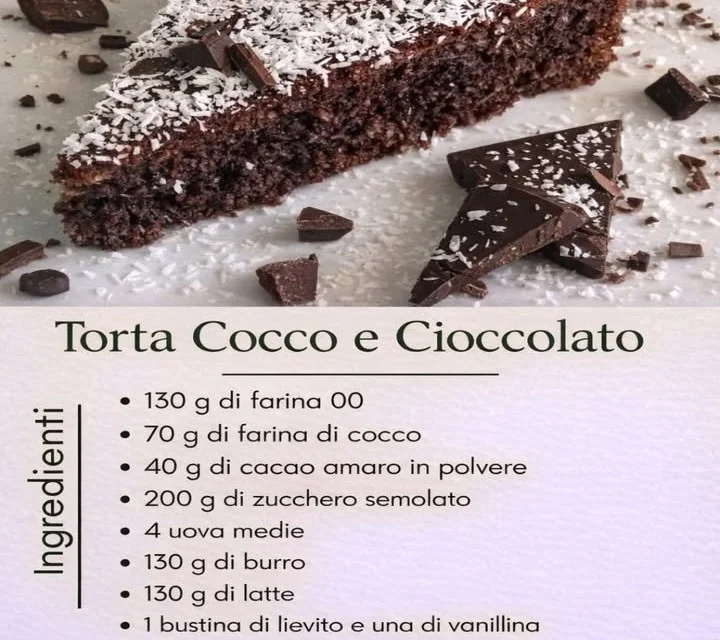 Torta Cocco e Cioccolato decorata con cioccolato fondente e cocco grattugiato.
