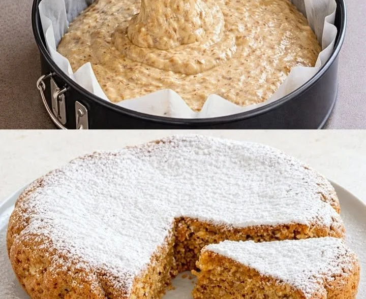 Torta di mandorle decorata con mandorle tostate e zucchero a velo