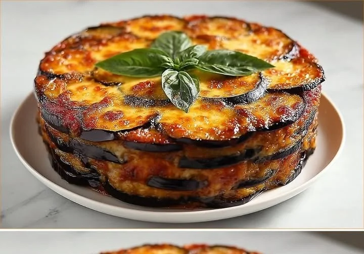 Fetta di torta di melanzane appena sfornata con decorazioni fresche