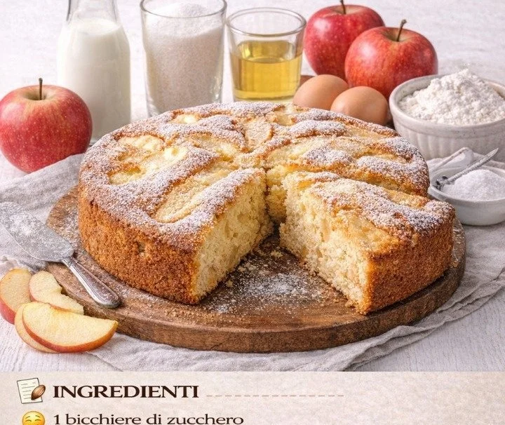 Fetta di torta di mele al bicchiere sofficissima su un piatto bianco.