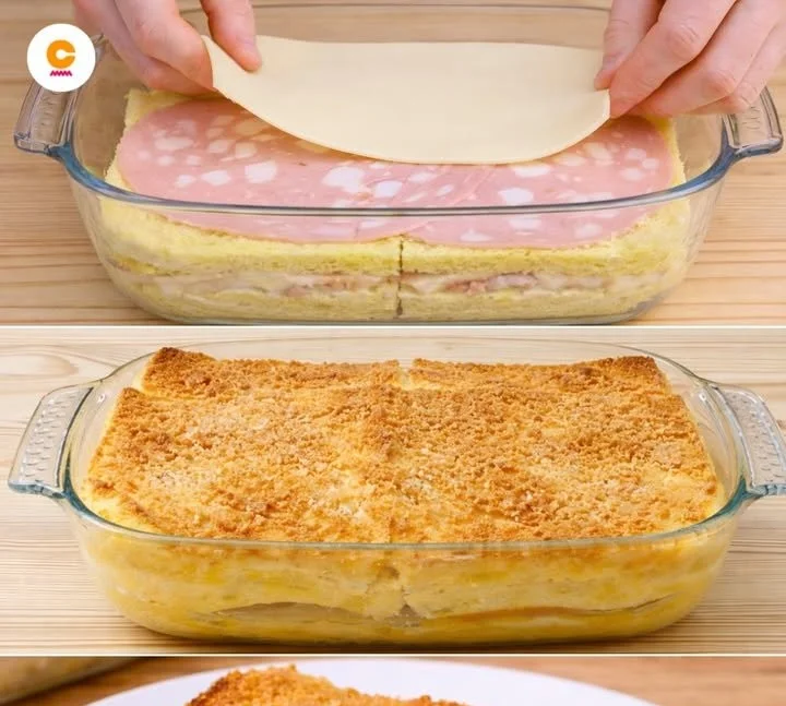 Torta di pancarré filante con formaggio e ingredienti freschi.