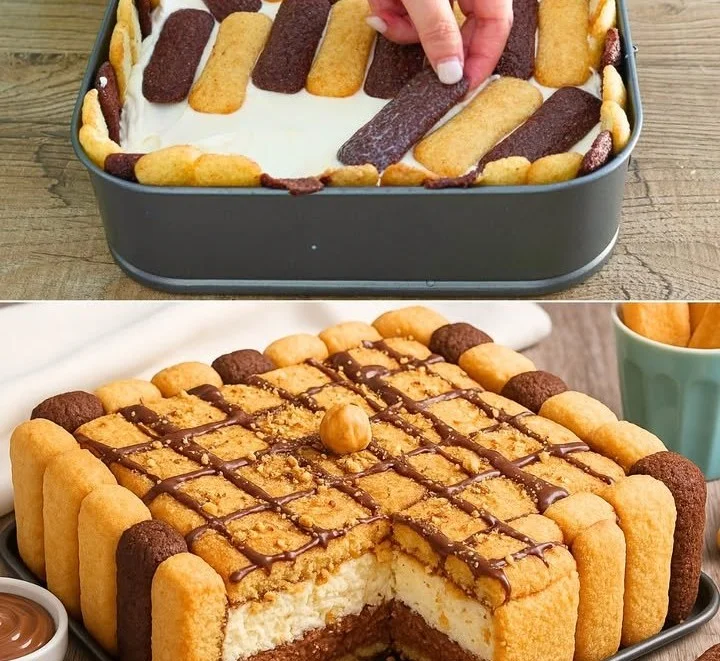 Torta di Pavesini decorata con crema e cioccolato