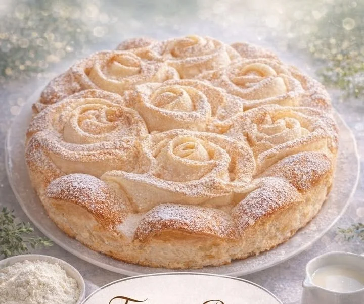 Torta di Rose appena sfornata con zucchero a velo sopra.
