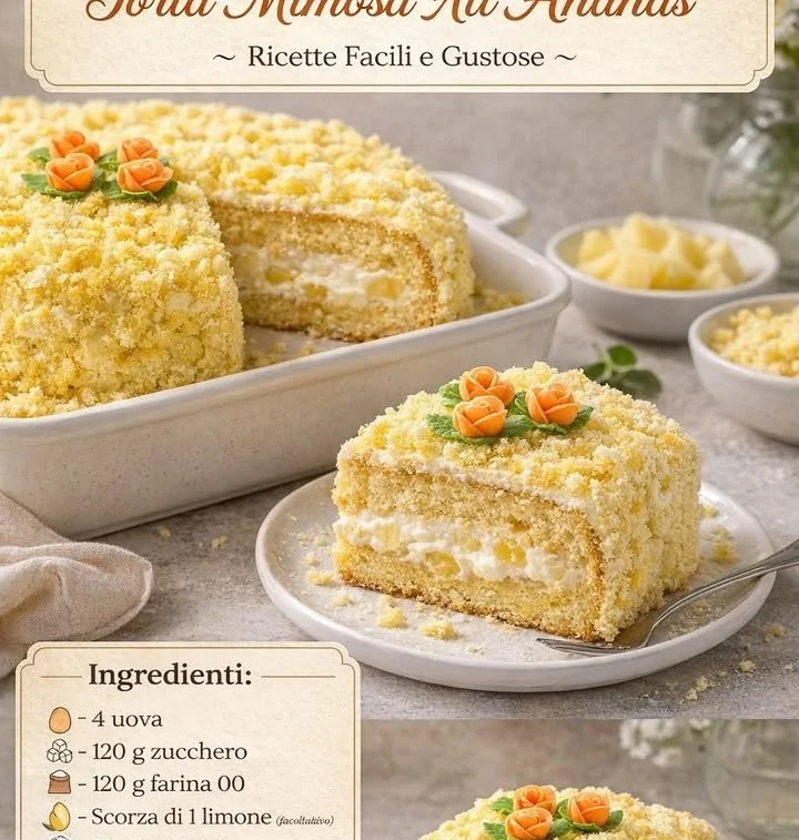 Torta Mimosa all'Ananas decorata con fette di ananas e panna.