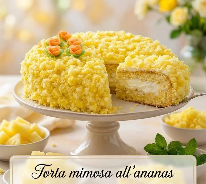 Torta Mimosa all'Ananas decorata con fette di ananas e panna montata