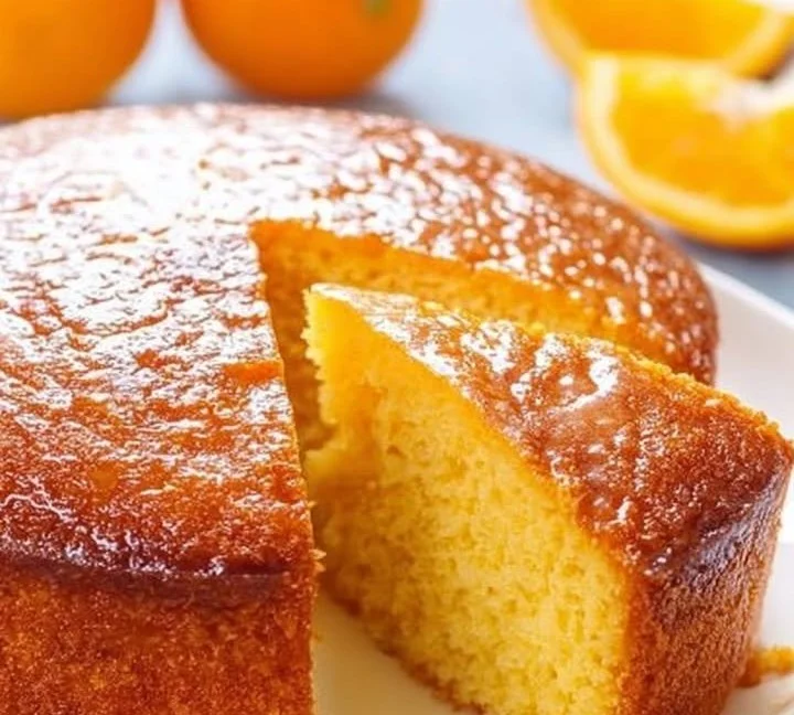 Torta morbida all'arancia con glassa lucida e fette d'arancia fresche