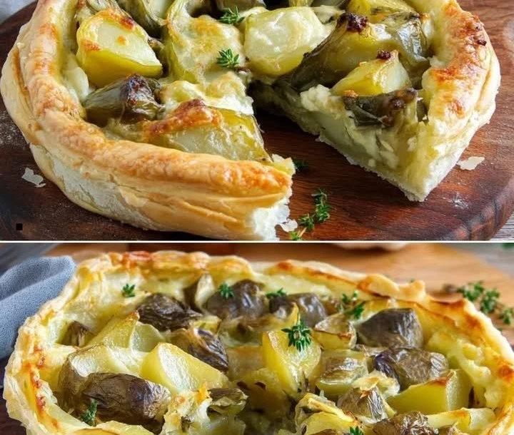 Torta salata di carciofi e patate pronta da servire
