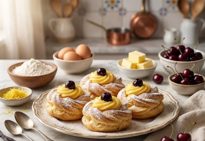 Zeppole al Forno di San Giuseppe guarnite con Crema Pasticcera.