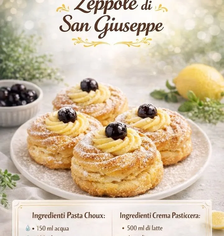 Zeppole di San Giuseppe farcite con crema e decorazioni di ciliegia