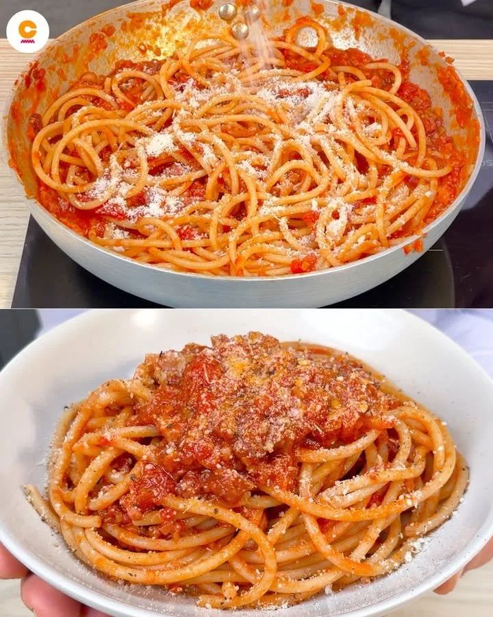 Piatto di Bucatini alla Marchigiana con carne e salsa di pomodoro