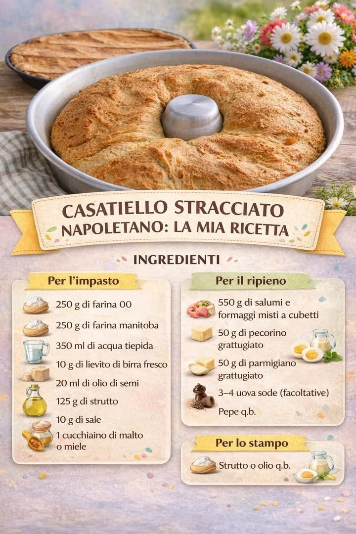 Casatiello Stracciato Napoletano appena sfornato con ingredienti freschi.
