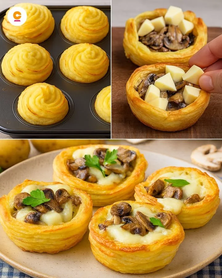 Cestini di patate e funghi appena sfornati, un piatto rustico e gustoso.