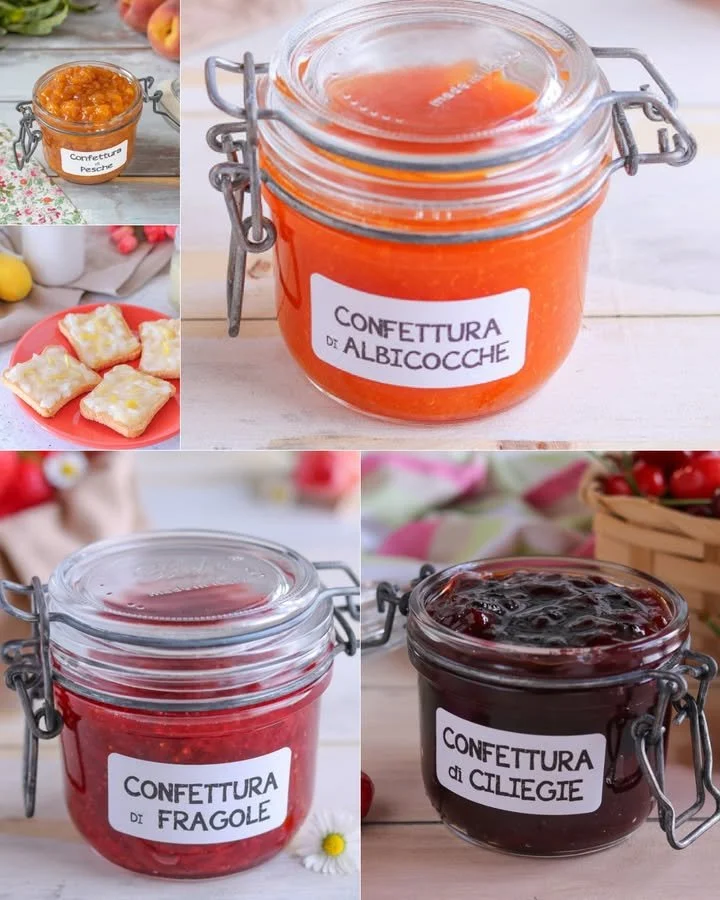 Confettura fatta in casa con frutta fresca e zucchero, vasetti artigianali.
