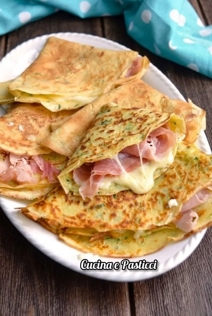 Crepes di zucchine farcite con prosciutto e formaggio su un piatto decorato